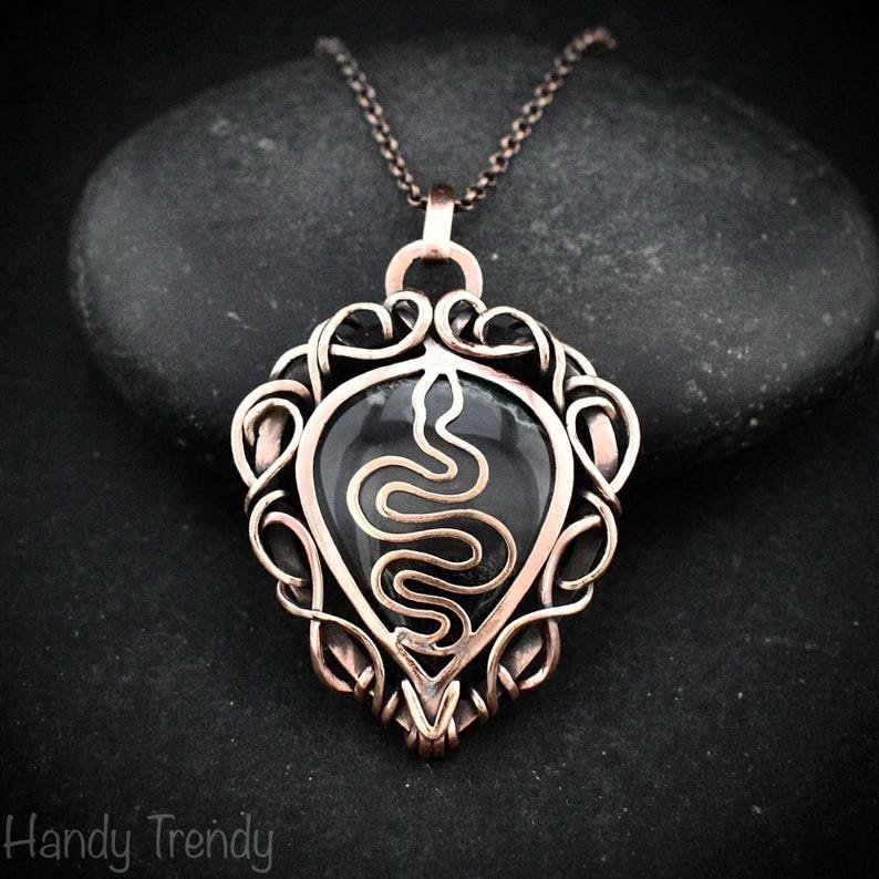 Green Moss agate snake pendant, Free-Flow copper wire wrapped necklace, Unique handmade gift, Wild animal jewelry, Boho necklace