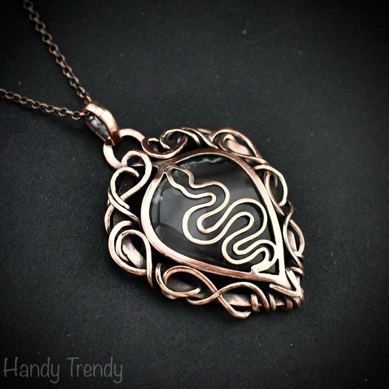 Green Moss agate snake pendant, Free-Flow copper wire wrapped necklace, Unique handmade gift, Wild animal jewelry, Boho necklace