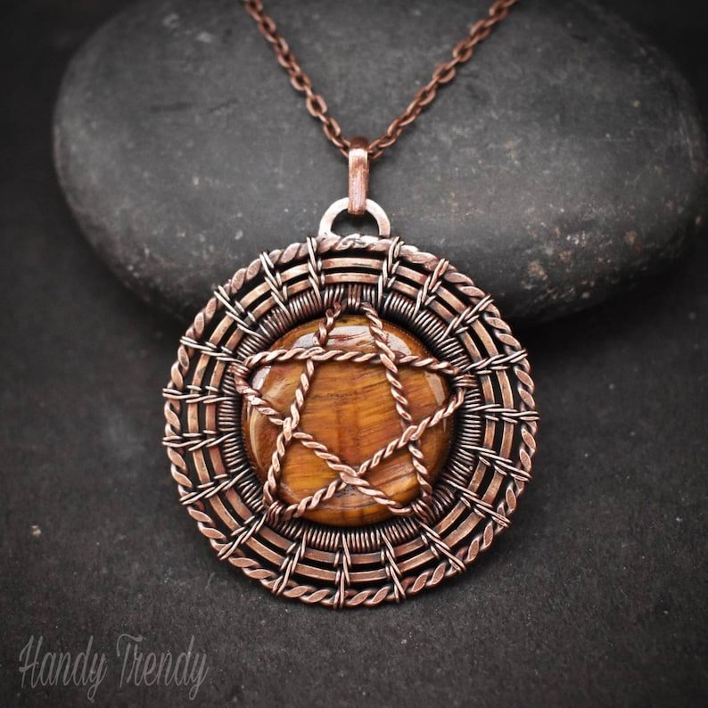 Tiger eye triquetra star necklace, Reversable double sided Copper wire wrap pendant, Celtic jewelry, Unique handmade gift