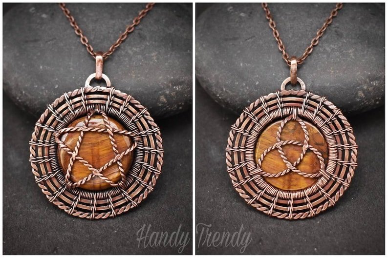 Tiger eye triquetra star necklace, Reversable double sided Copper wire wrap pendant, Celtic jewelry, Unique handmade gift