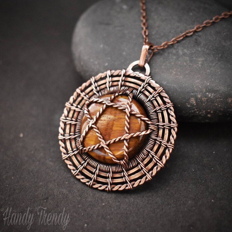 Tiger eye triquetra star necklace, Reversable double sided Copper wire wrap pendant, Celtic jewelry, Unique handmade gift