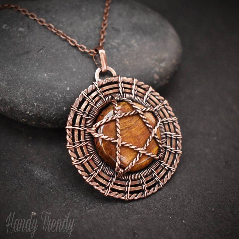 Tiger eye triquetra star necklace, Reversable double sided Copper wire wrap pendant, Celtic jewelry, Unique handmade gift