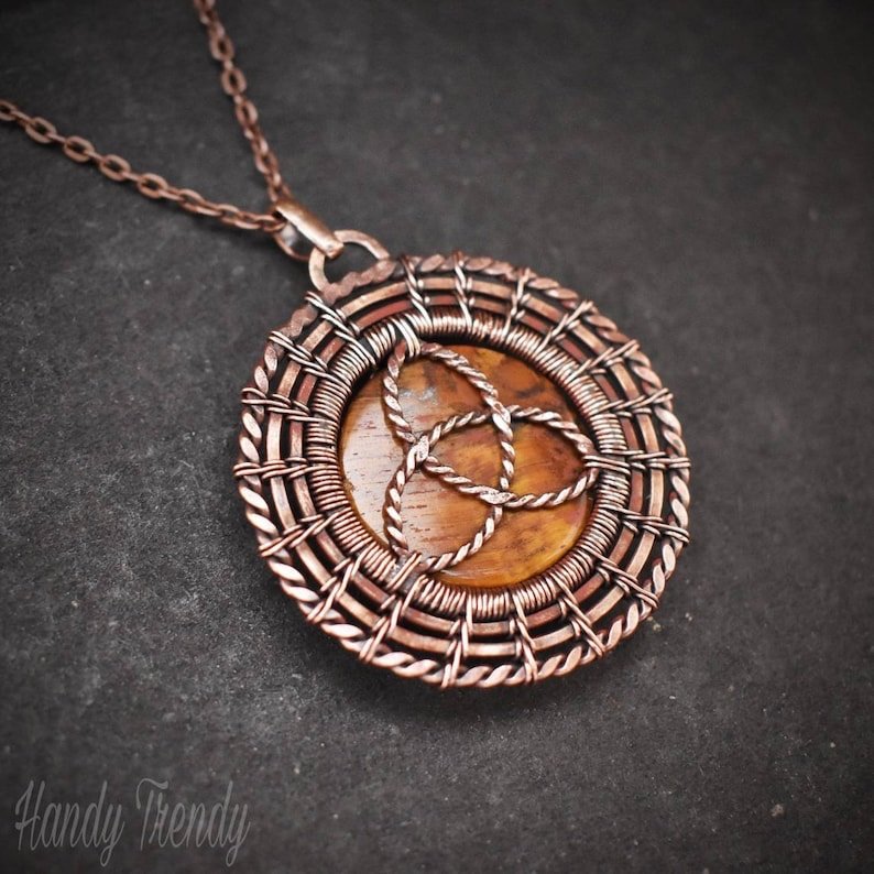 Tiger eye triquetra star necklace, Reversable double sided Copper wire wrap pendant, Celtic jewelry, Unique handmade gift