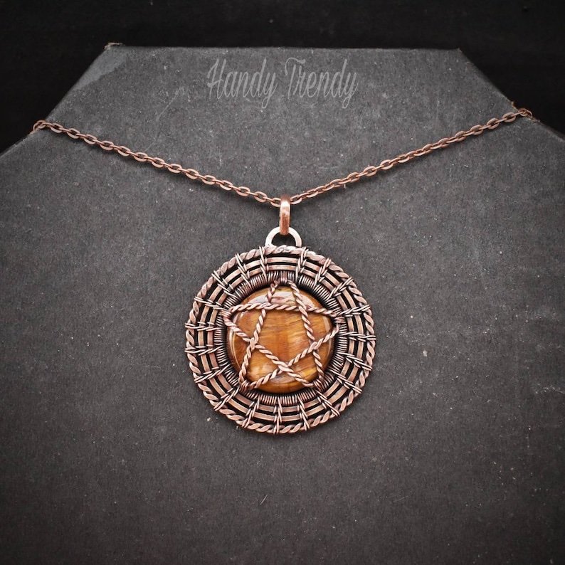 Tiger eye triquetra star necklace, Reversable double sided Copper wire wrap pendant, Celtic jewelry, Unique handmade gift