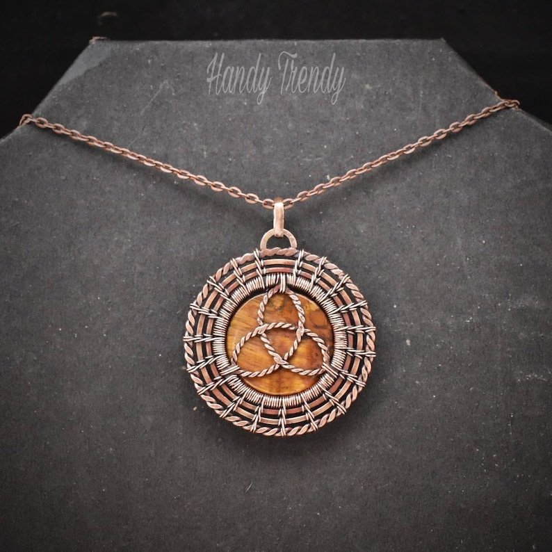 Tiger eye triquetra star necklace, Reversable double sided Copper wire wrap pendant, Celtic jewelry, Unique handmade gift