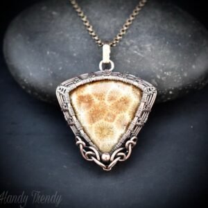 Yellow fossil coral pendant, Copper wire wrapped jewelry, Unique handmade birthday Gift, One of a kind necklace, Artisan boho jewelry,
