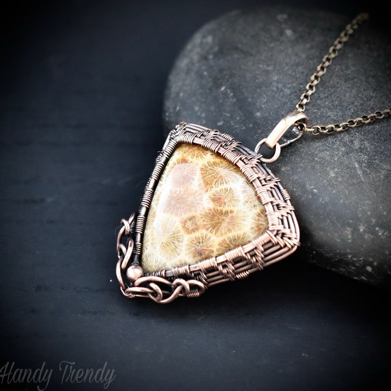 Yellow fossil coral pendant, Copper wire wrapped jewelry, Unique handmade birthday Gift, One of a kind necklace, Artisan boho jewelry,
