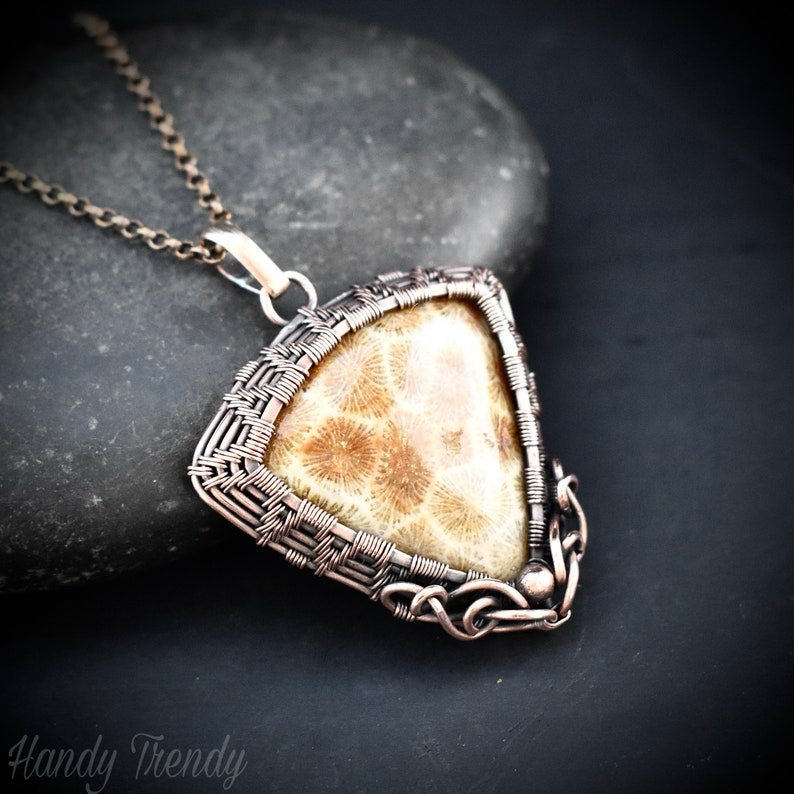 Yellow fossil coral pendant, Copper wire wrapped jewelry, Unique handmade birthday Gift, One of a kind necklace, Artisan boho jewelry,