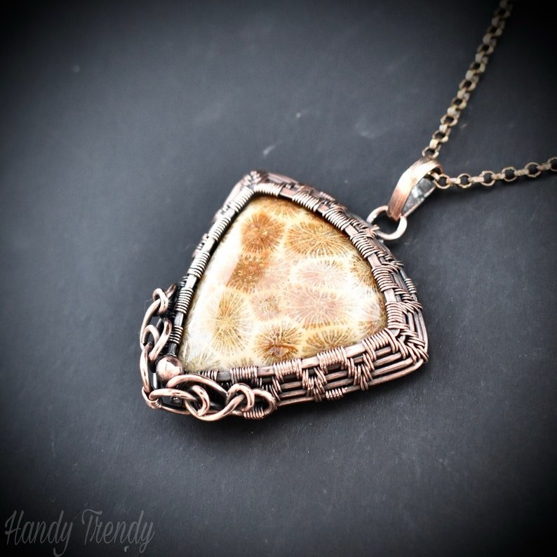 Yellow fossil coral pendant, Copper wire wrapped jewelry, Unique handmade birthday Gift, One of a kind necklace, Artisan boho jewelry,