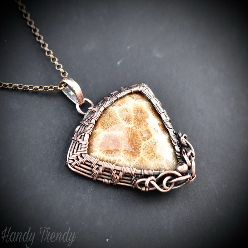 Yellow fossil coral pendant, Copper wire wrapped jewelry, Unique handmade birthday Gift, One of a kind necklace, Artisan boho jewelry,