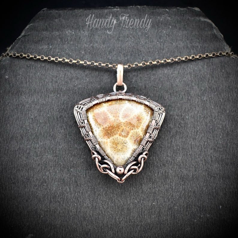 Yellow fossil coral pendant, Copper wire wrapped jewelry, Unique handmade birthday Gift, One of a kind necklace, Artisan boho jewelry,