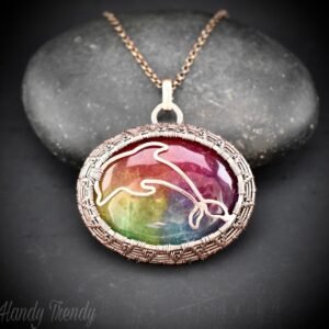 Rainbow solar quartz Dolphin pendant, Copper wire wrapped necklace, Sea animal jewelry, Unique handmade gift, Endless cage style