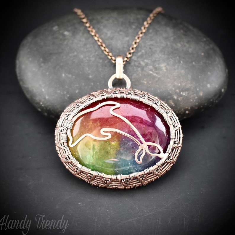 Rainbow solar quartz Dolphin pendant, Copper wire wrapped necklace, Sea animal jewelry, Unique handmade gift, Endless cage style