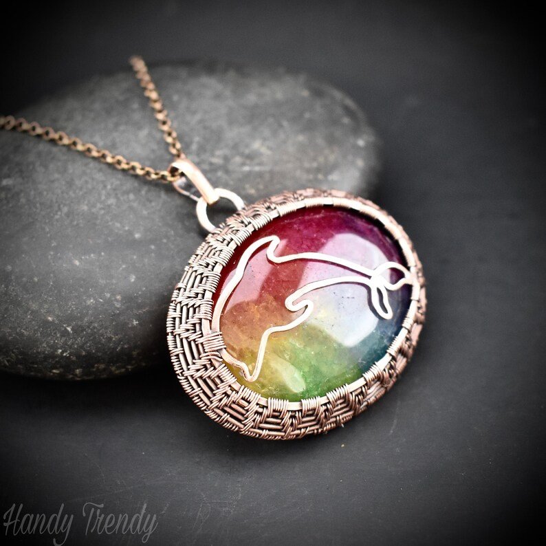 Rainbow solar quartz Dolphin pendant, Copper wire wrapped necklace, Sea animal jewelry, Unique handmade gift, Endless cage style