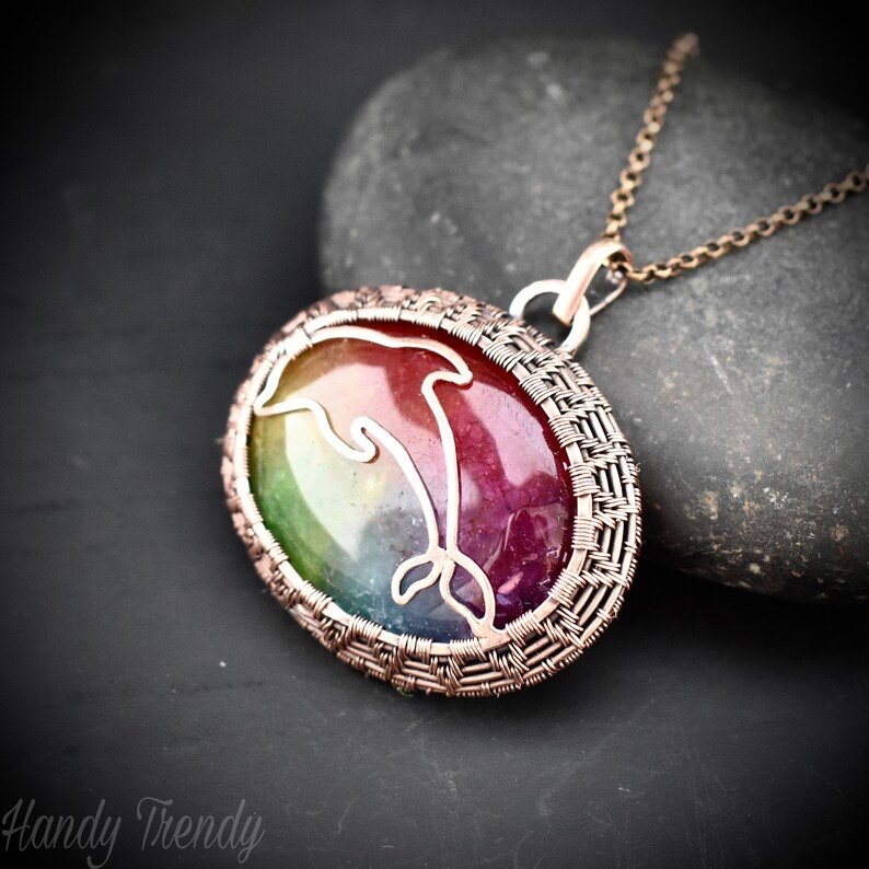 Rainbow solar quartz Dolphin pendant, Copper wire wrapped necklace, Sea animal jewelry, Unique handmade gift, Endless cage style