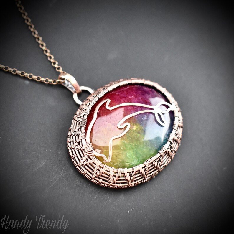 Rainbow solar quartz Dolphin pendant, Copper wire wrapped necklace, Sea animal jewelry, Unique handmade gift, Endless cage style