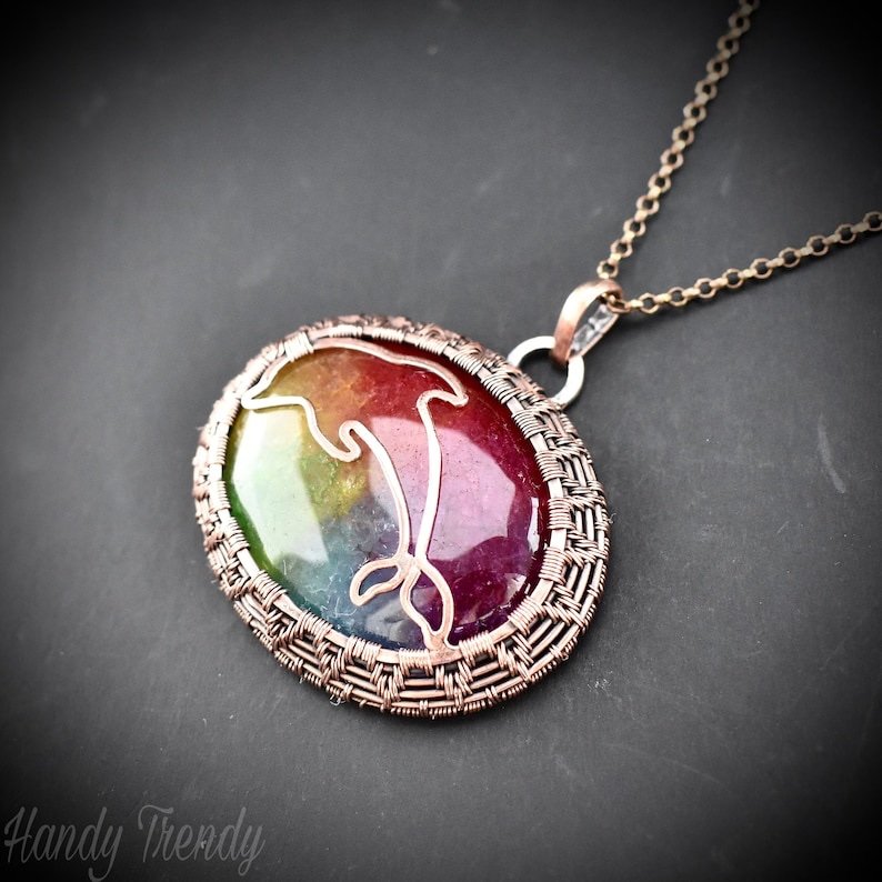 Rainbow solar quartz Dolphin pendant, Copper wire wrapped necklace, Sea animal jewelry, Unique handmade gift, Endless cage style