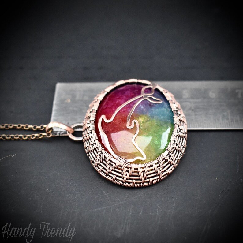 Rainbow solar quartz Dolphin pendant, Copper wire wrapped necklace, Sea animal jewelry, Unique handmade gift, Endless cage style