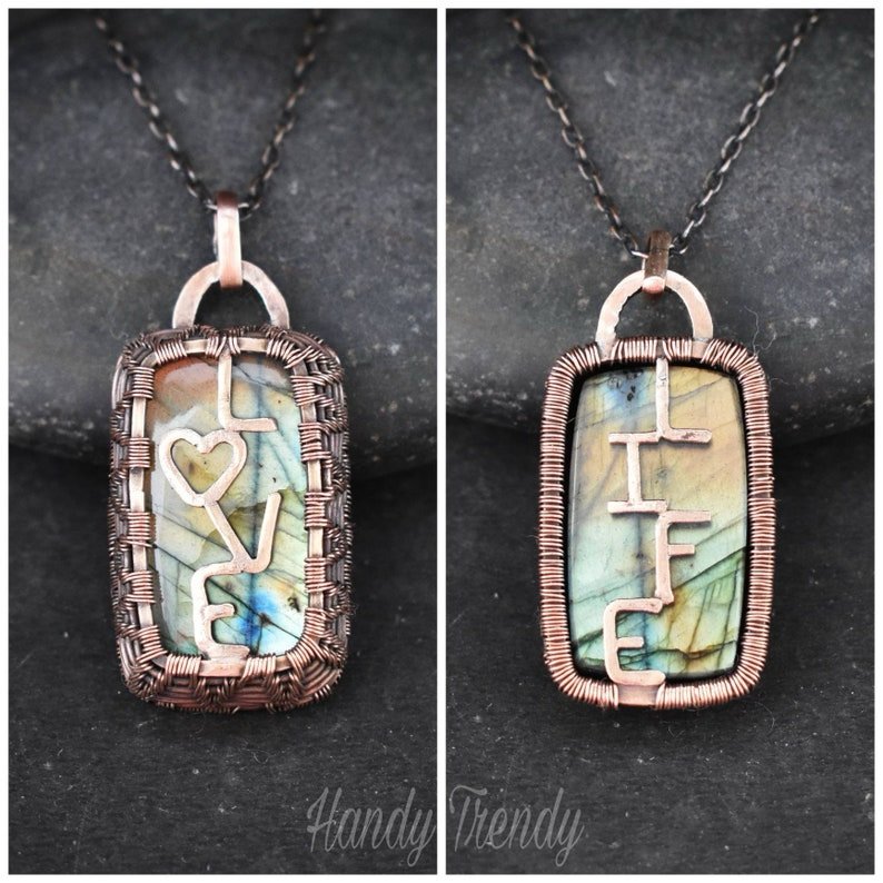 Love your life pendant, reversible Copper wire wrap necklace, Unique handmade gift, One of a kind Artisan jewelry