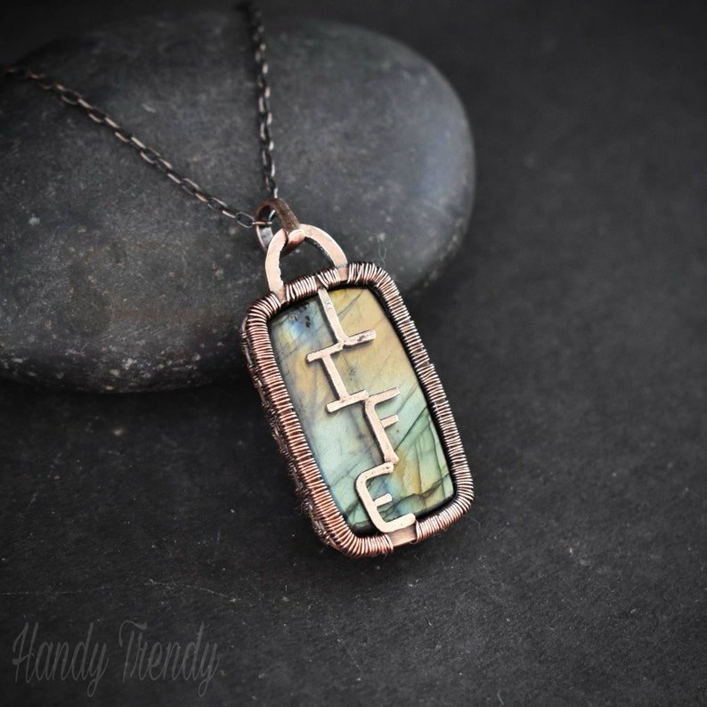 Love your life pendant, reversible Copper wire wrap necklace, Unique handmade gift, One of a kind Artisan jewelry