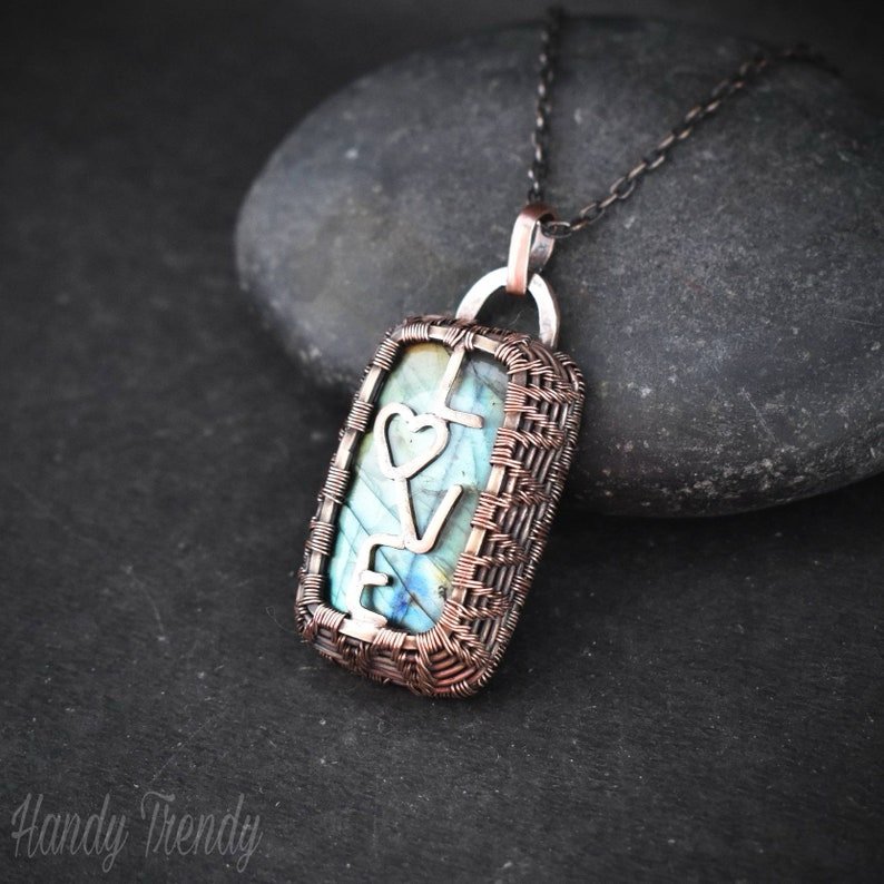 Love your life pendant, reversible Copper wire wrap necklace, Unique handmade gift, One of a kind Artisan jewelry