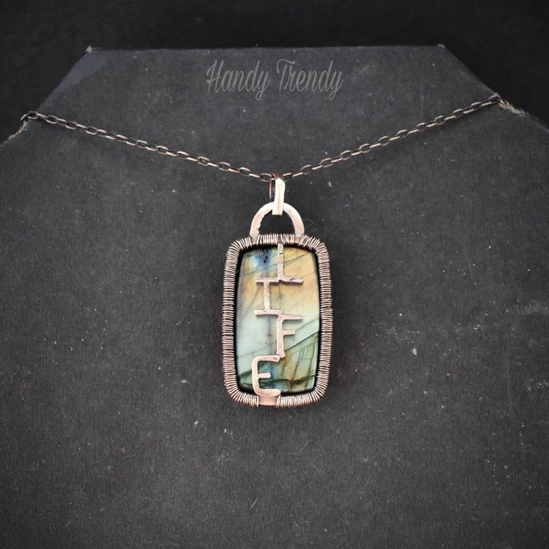 Love your life pendant, reversible Copper wire wrap necklace, Unique handmade gift, One of a kind Artisan jewelry