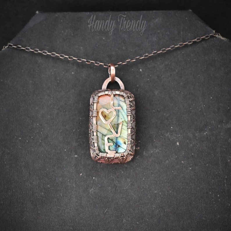 Love your life pendant, reversible Copper wire wrap necklace, Unique handmade gift, One of a kind Artisan jewelry