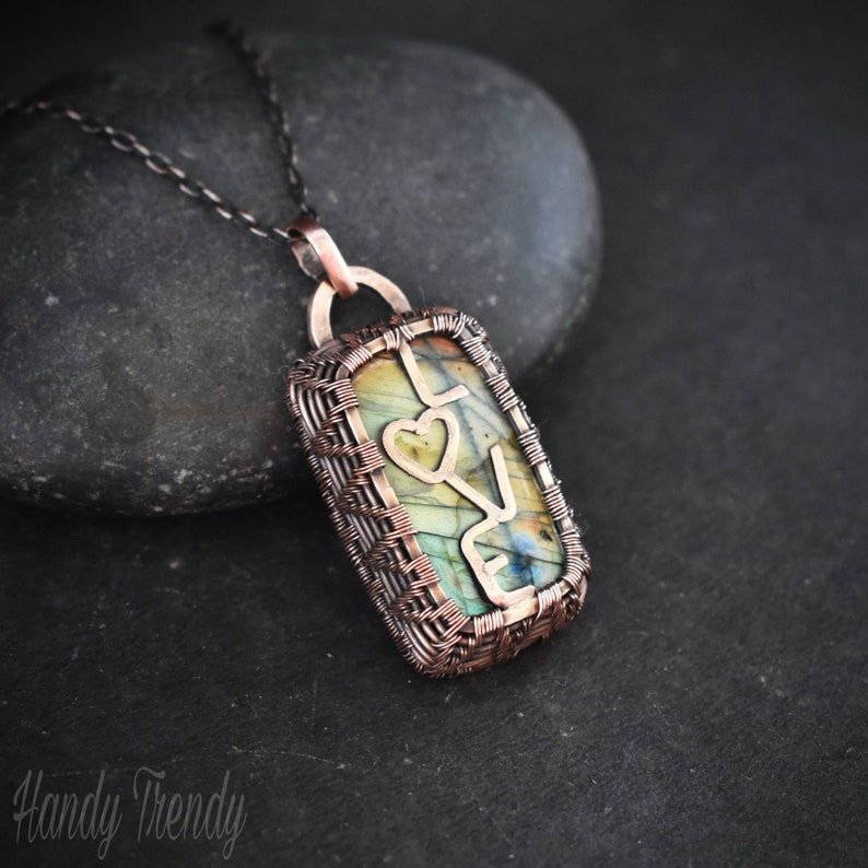 Love your life pendant, reversible Copper wire wrap necklace, Unique handmade gift, One of a kind Artisan jewelry