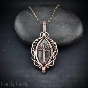 Silver obsidian tree of life pendant, Free-Flow copper wire wrapped necklace, Unique handmade gift, One of a kind boho jewelry