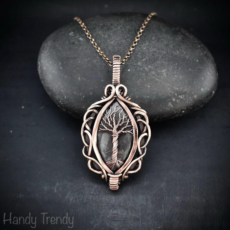Silver obsidian tree of life pendant, Free-Flow copper wire wrapped necklace, Unique handmade gift, One of a kind boho jewelry
