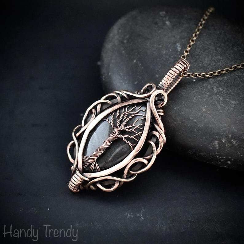 Silver obsidian tree of life pendant, Free-Flow copper wire wrapped necklace, Unique handmade gift, One of a kind boho jewelry
