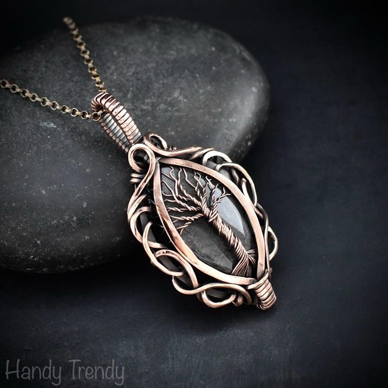 Silver obsidian tree of life pendant, Free-Flow copper wire wrapped necklace, Unique handmade gift, One of a kind boho jewelry