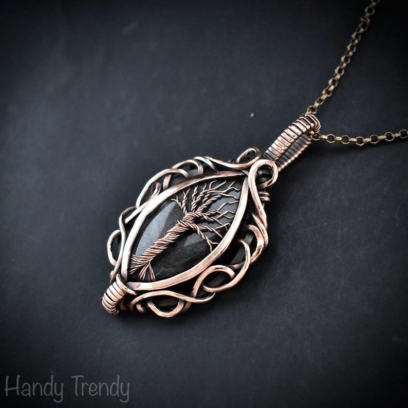 Silver obsidian tree of life pendant, Free-Flow copper wire wrapped necklace, Unique handmade gift, One of a kind boho jewelry