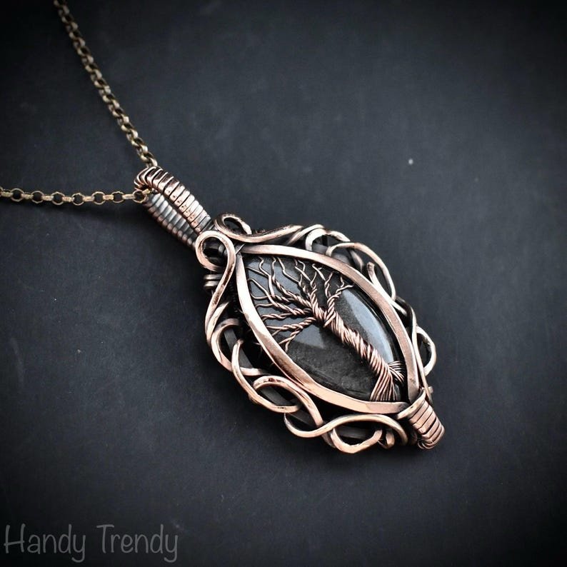 Silver obsidian tree of life pendant, Free-Flow copper wire wrapped necklace, Unique handmade gift, One of a kind boho jewelry