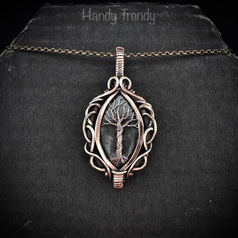Silver obsidian tree of life pendant, Free-Flow copper wire wrapped necklace, Unique handmade gift, One of a kind boho jewelry