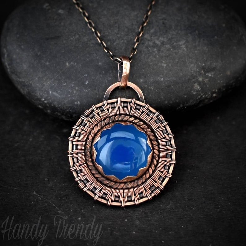 Blue chalcedony wheel pendant, Copper endless wire wrapped necklace, Unique handmade Birthday Gift, One of a kind, Artisan jewelry