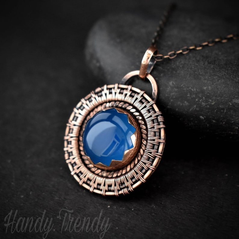 Blue chalcedony wheel pendant, Copper endless wire wrapped necklace, Unique handmade Birthday Gift, One of a kind, Artisan jewelry