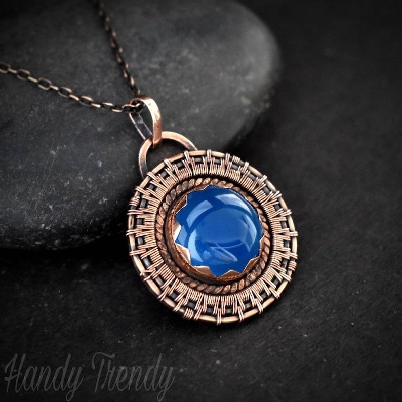 Blue chalcedony wheel pendant, Copper endless wire wrapped necklace, Unique handmade Birthday Gift, One of a kind, Artisan jewelry