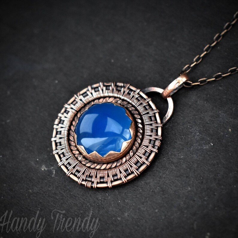 Blue chalcedony wheel pendant, Copper endless wire wrapped necklace, Unique handmade Birthday Gift, One of a kind, Artisan jewelry