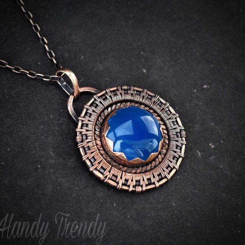 Blue chalcedony wheel pendant, Copper endless wire wrapped necklace, Unique handmade Birthday Gift, One of a kind, Artisan jewelry