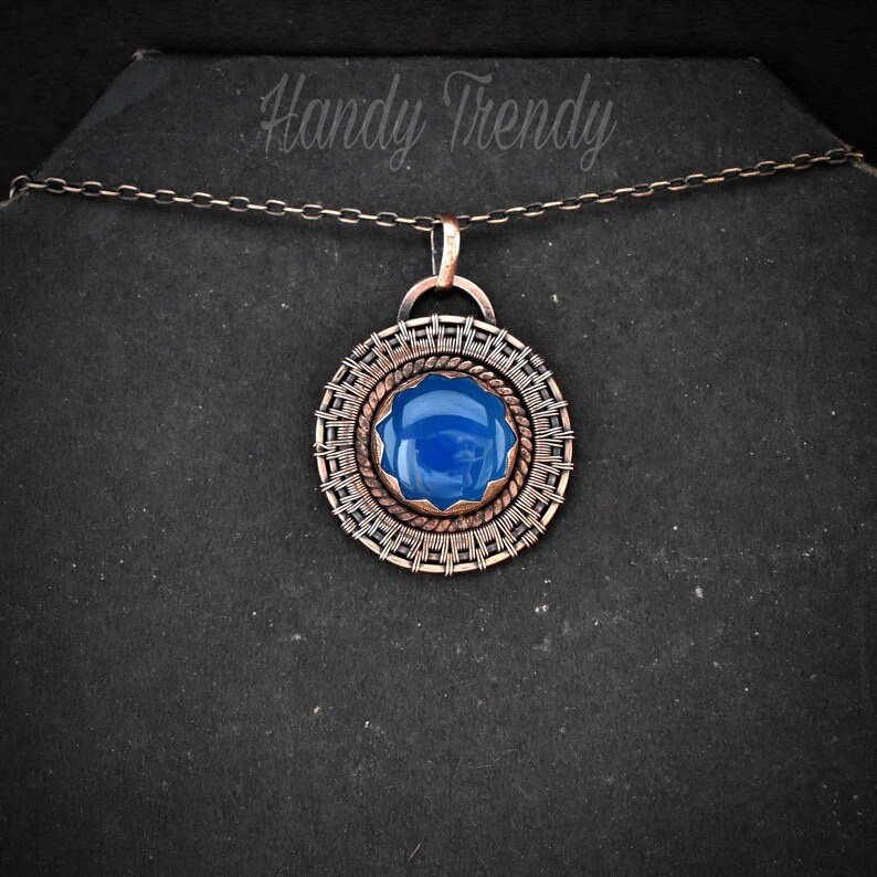 Blue chalcedony wheel pendant, Copper endless wire wrapped necklace, Unique handmade Birthday Gift, One of a kind, Artisan jewelry