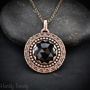 Black onyx wheel pendant, Copper endless wire wrapped necklace, Unique handmade Gift, Artisan boho jewelry, Statement piece