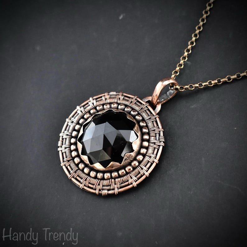 Black onyx wheel pendant, Copper endless wire wrapped necklace, Unique handmade  Gift, Artisan boho jewelry, Statement piece