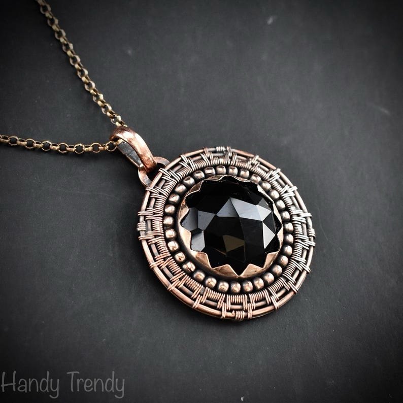 Black onyx wheel pendant, Copper endless wire wrapped necklace, Unique handmade  Gift, Artisan boho jewelry, Statement piece