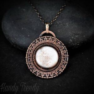 Pink Scolecite wheel pendant, Copper endless wire wrapped necklace, Unique handmade gift, One of a kind, Artisan jewelry