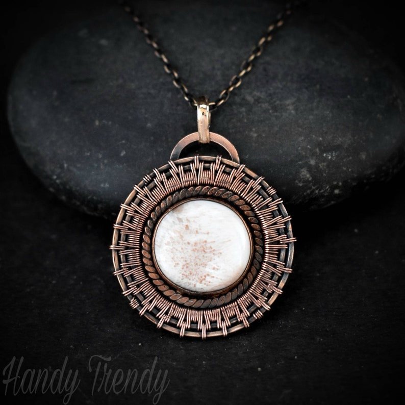 Pink Scolecite wheel pendant, Copper endless wire wrapped necklace, Unique handmade gift, One of a kind, Artisan jewelry