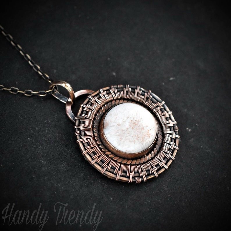 Pink Scolecite wheel pendant, Copper endless wire wrapped necklace, Unique handmade gift, One of a kind, Artisan jewelry