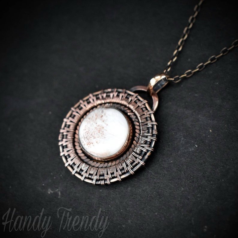 Pink Scolecite wheel pendant, Copper endless wire wrapped necklace, Unique handmade gift, One of a kind, Artisan jewelry