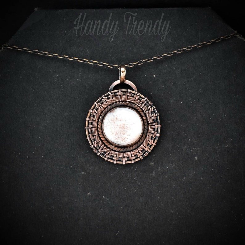 Pink Scolecite wheel pendant, Copper endless wire wrapped necklace, Unique handmade gift, One of a kind, Artisan jewelry