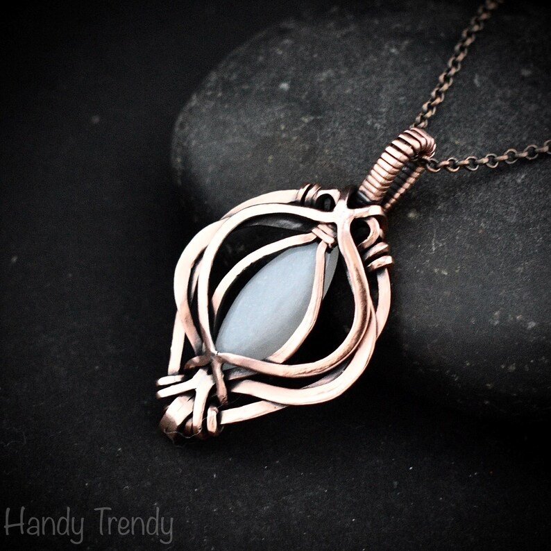 White moonstone pendant, Free-Flow copper wire wrapped necklace, Unique handmade gift, One of a kind artisan boho jewelry